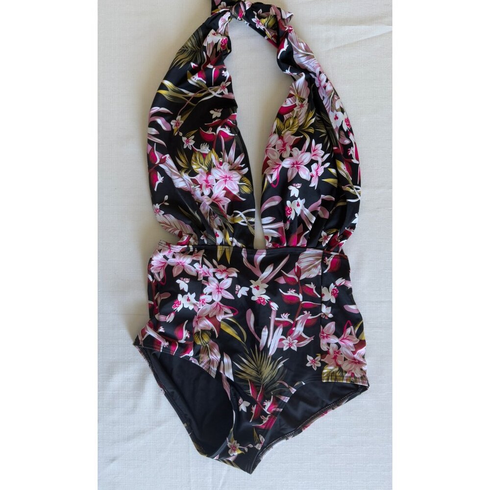 Cocoship Womens XL Black Tropical Floral Retro Halter One piece Swimsuit Lowcut
